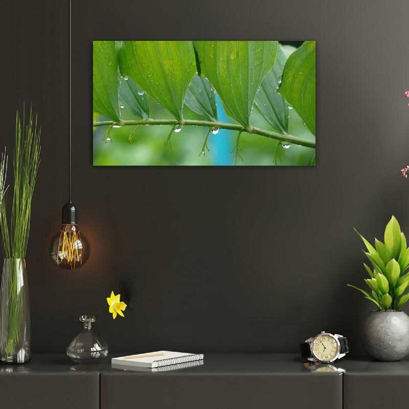 Картина на холсте 60x110 LinxOne "Капля, вода, зеленые, листья" интерьерная для дома / на стену / на кухню / с подрамником