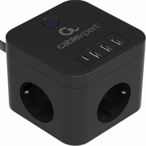 Сетевой фильтр Cablexpert Cube, 3 розетки, 10А, 3хUSB,1xType-C PD ур. защиты 4+, чёрный, 1.5 метра