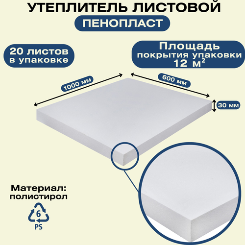 Теплоизоляционный материал Пенопласт 600x1000 мм, толщина 30мм, 20 листов для изоляции и утепления наружных и внутренних помещений