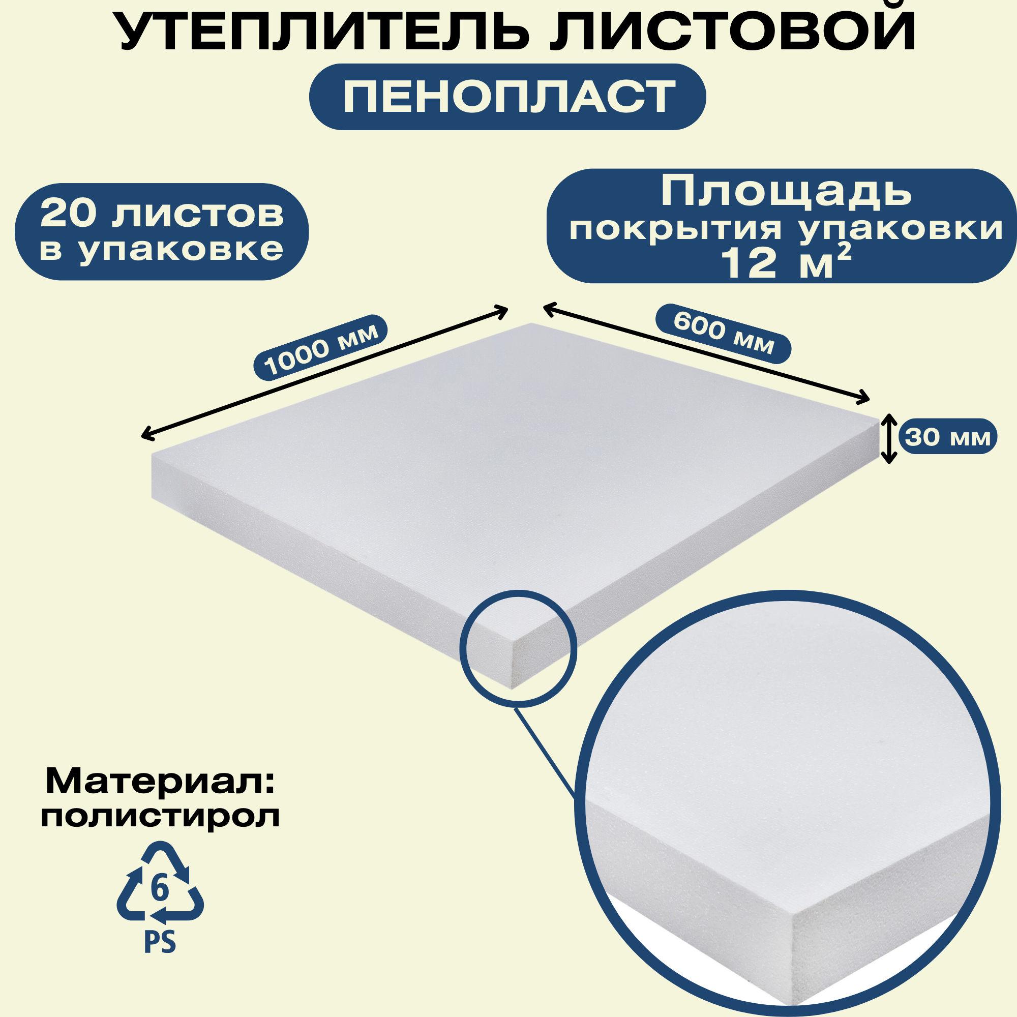 Теплоизоляционный материал Пенопласт 600x1000 мм, толщина 30мм, 20 листов для изоляции и утепления наружных и внутренних помещений