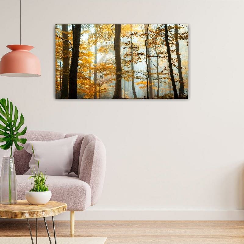 Картина на холсте 60x110 LinxOne "Лес деревья туман осень" интерьерная для дома / на стену / на кухню / с подрамником