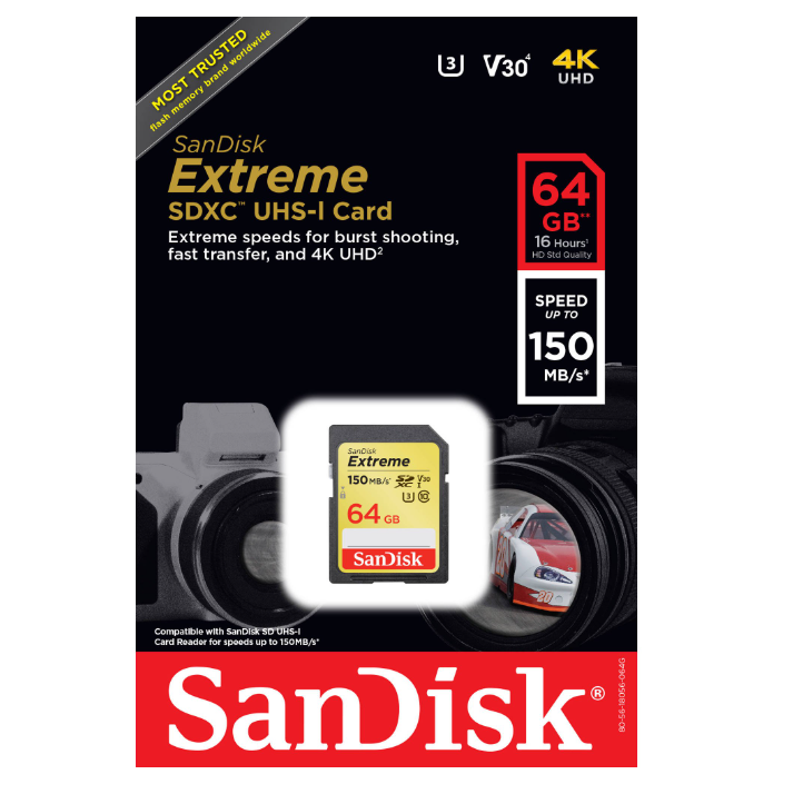 Карта памяти SanDisk Extreme SDXC 64 ГБ 150MB/s V30 U3 Class 10 UHS-I (SDSDXV-064G-GNCIN)