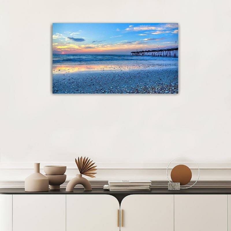 Картина на холсте 60x110 LinxOne "Закат волны ракушки океан" интерьерная для дома / на стену / на кухню / с подрамником