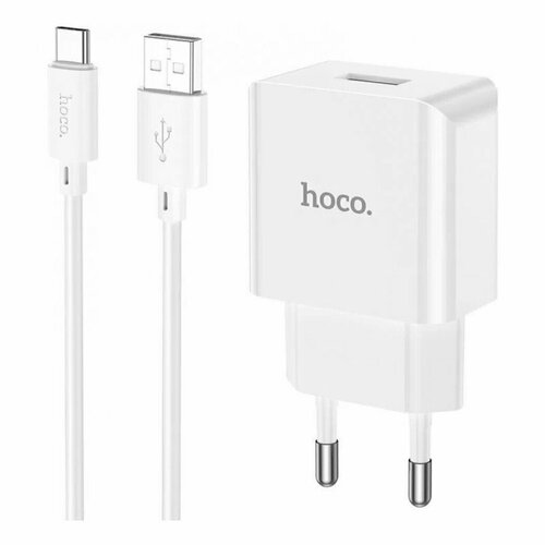 Сетевое зарядное устройство (СЗУ) Hoco C106A (USB) + кабель Type-C, 2.1 А, белый 1usb c hoco n22 pd 25w кабель type c to lightning сетевое зарядное устройство белый