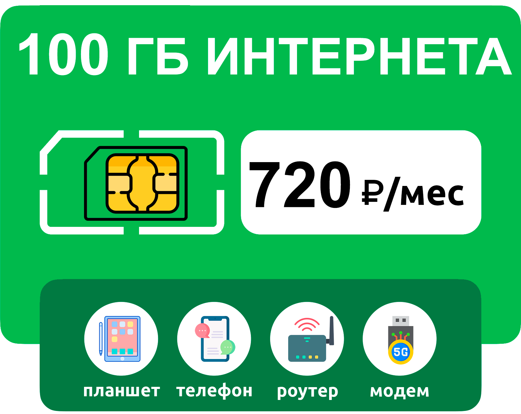SIM-карта 100 гб интернета 3G/4G за 720 руб/мес (модемы, роутеры, планшеты) + раздача, торренты (Россия)