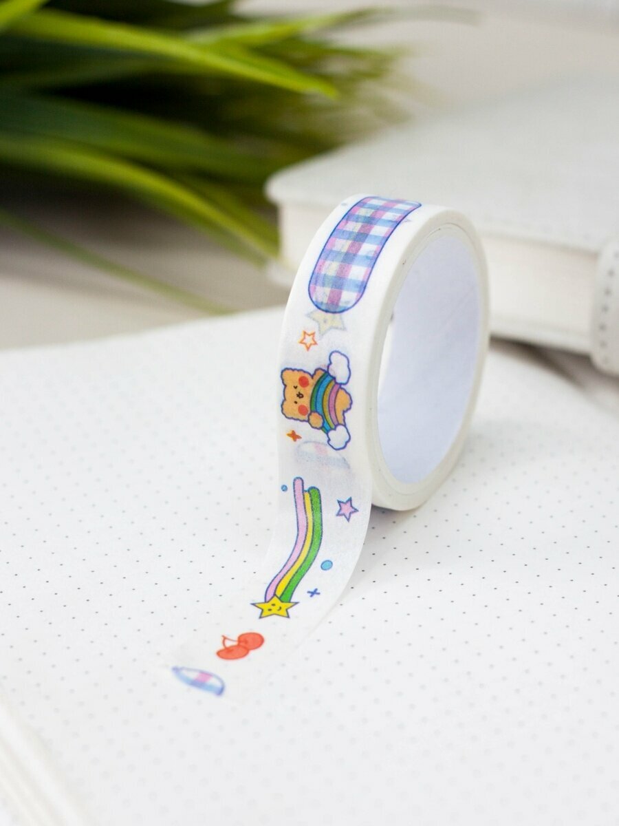 Декоративный бумажный скотч Bear rainbow blue