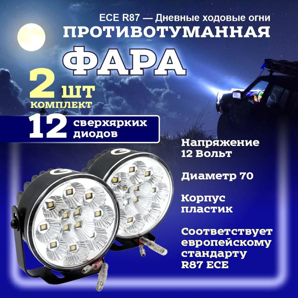 Дневные ходовые огни светодиодные 12LED круглые D70 мм 12В 2шт