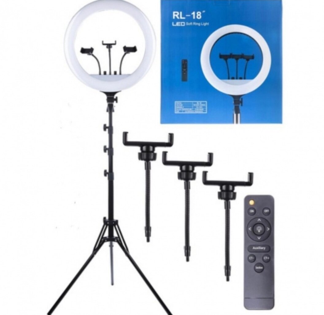 Кольцевая селфи-лампа 45 см LED Soft Ring Light RL-18 с пультом управления, сумкой для переноски и штативом — фото 1