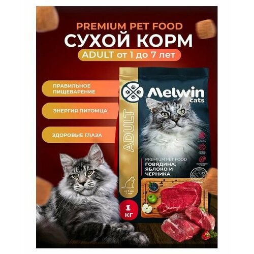 Melwin сухой корм для кошек от 1 до 7 лет с говядиной, яблоком и черникой, 1 кг