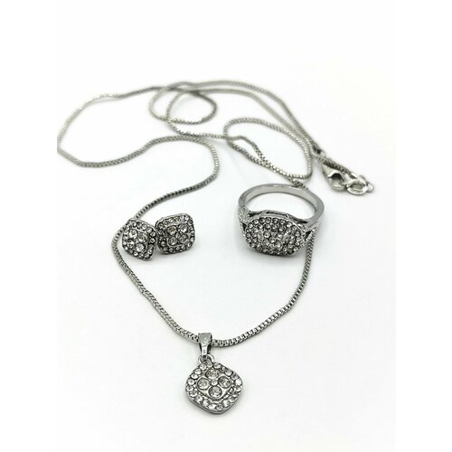 Комплект бижутерии Apsara: колье, серьги, кольцо, искусственный камень, кристалл, размер кольца 19, серебристый