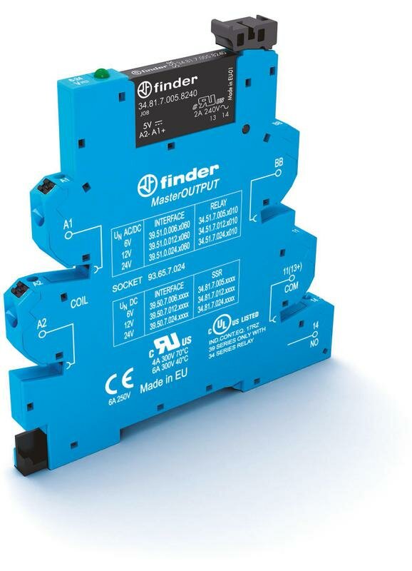 фото Модуль интерфейсный (сборка 34.81.7.024.9024 + 93.65.7.024) твердотельное реле MasterOUTPUT выход 6А (24В DC) 24В DC IP20 безвинт. клеммы Push-in FINDER 395070249024
