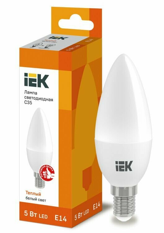 Лампочка Светодиодная IEK Свеча 5Вт 230В E14 C35 450Лм 3000К LLE-C35-5-230-30-E14, упаковка 10шт.
