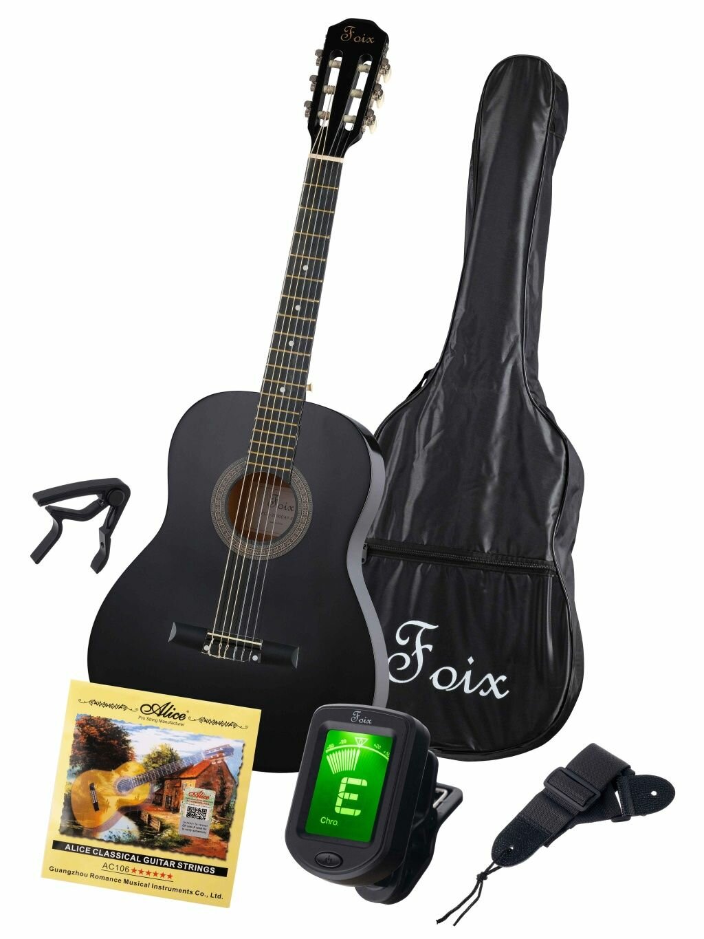 Классическая гитара 3/4 с чехлом ремнем тюнером черная Foix FCG-2036CAP-BK-3/4