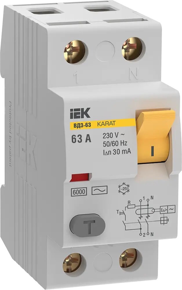 Выключатель дифференциального тока IEK KARAT, 2-полюсный, 63 A, 30mA, 6kA, тип AC