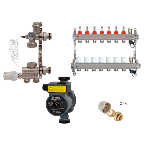 Коллекторная группа для теплого пола TAEN (нерж) 1x3/4x7 вых (а/в), насосно-смесительный узел, насос TAEN 25/6, евроконус, UCM+UC-7A+UC1634