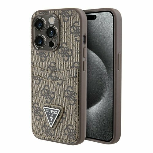 Guess чехол для iPhone 15 Pro, кожа PU 4G и карманом для карт Triangle Logo коричневый