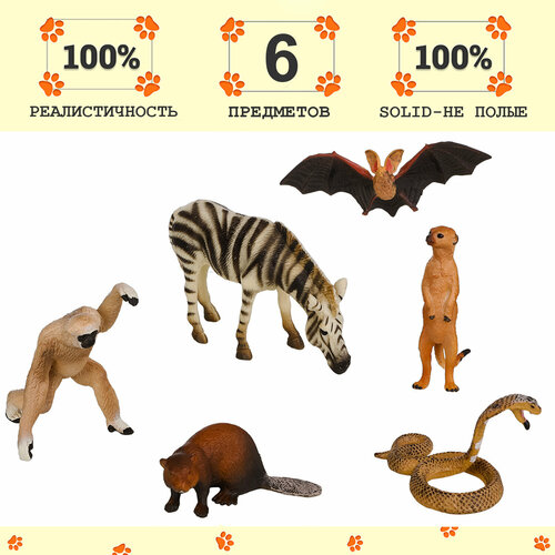 Набор фигурок животных серии Мир диких животных: зебра, летучая мышь, змея, сурикат, бобер, обезьяна (набор из 6 фигурок)