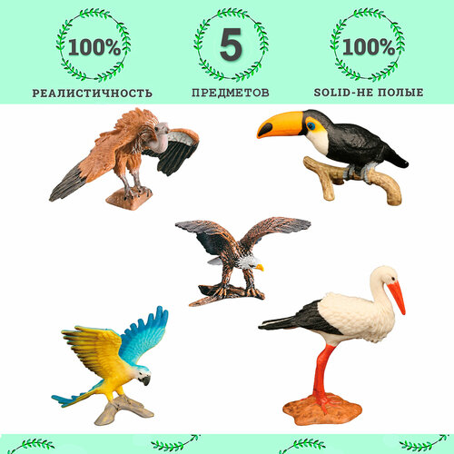 Набор фигурок птиц серии Мир диких животных: орел, попугай ара, аист, тукан, стервятник (набор из 5 фигурок)
