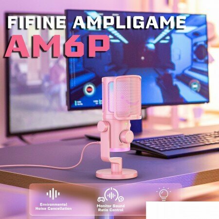 Проводной микрофон FIFINE AM6 (розовый), электретный, 70-20000 Гц, подключение USB Type-A