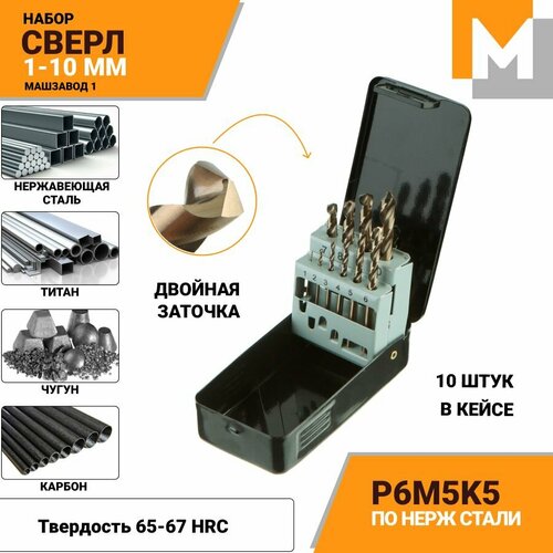 Набор сверл по металлу кобальтовых от 1,0 до 10,0 мм 10 шт. жел. кейс (кобальт 5%) Р6М5К5