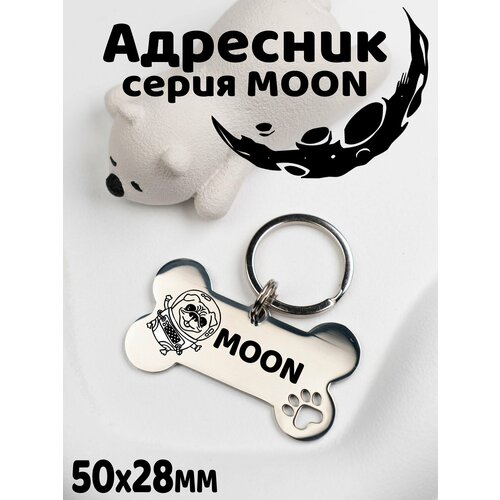 Адресник для собак и кошек, брелок на ключи, жетон, Цвет Серебро зеркальный MOON. Размер 50х28mm (нерж сталь)