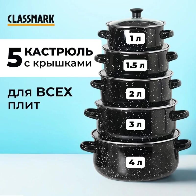 Набор эмалированных кастрюль с крышками , 5 штук — фото 1