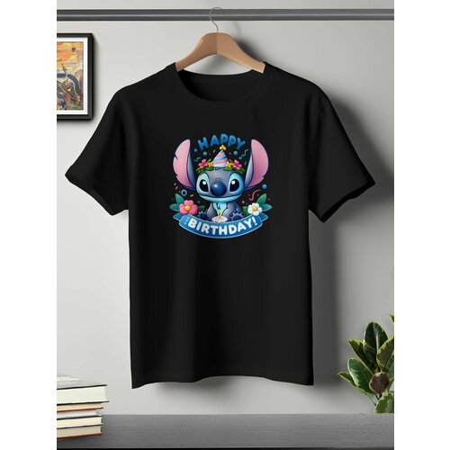 фото Футболка oneq унисекс 56-58 (3xl) размер с принтом стич, черная, размер 3xl, черный