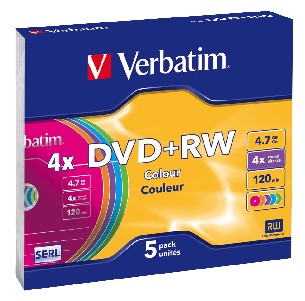 Оптический диск Verbatim DVD+RW 4.7GB 4X SERL Colour, Slim Case, 5 шт