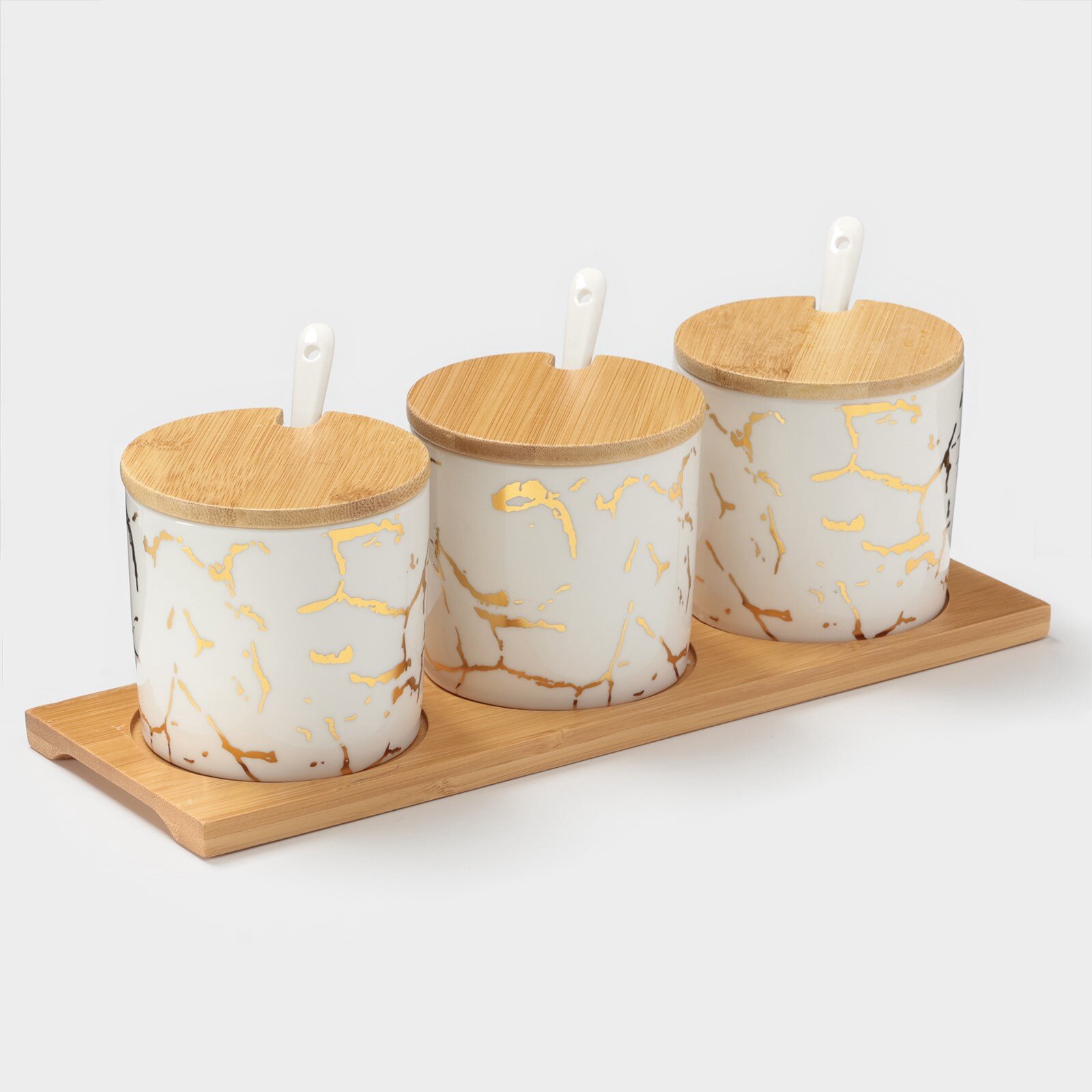Набор банок керамических с ложками на деревянной подставке «Эстет. Gold» 3 предмета: 300 мл цвет белый