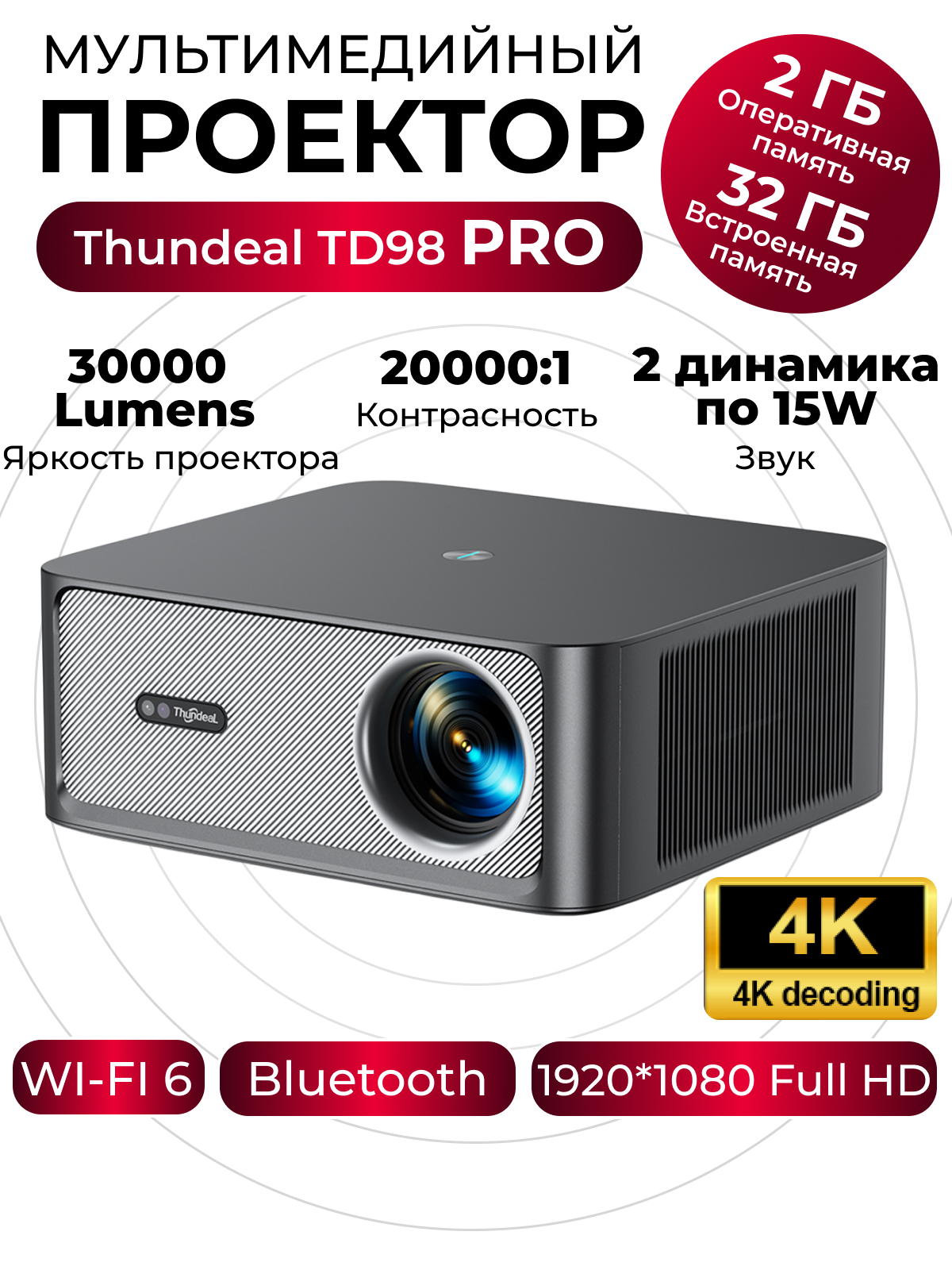 Мультимедийный проектор для фильмов НОВИНКА - Thundeal TD98 Pro н Андроид 11 с высоким разрешением FullHD и яркостью 30000 лм