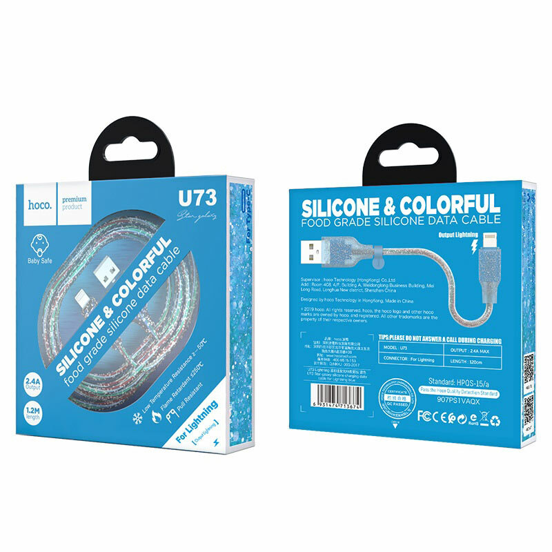 Кабель Hoco U73, для быстрой зарядки iPhone, плоский, алюминиевый, нейлон, серый