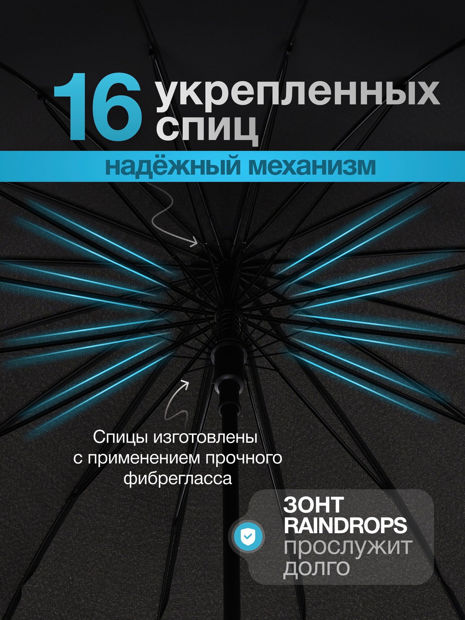 Зонт-трость RAINDROPS, черный.. — фото 1
