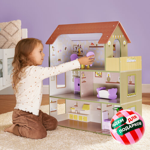 фото Деревянный кукольный домик junion вилла лива, 60х27х70 см, 5 комнат, мебель в комплекте