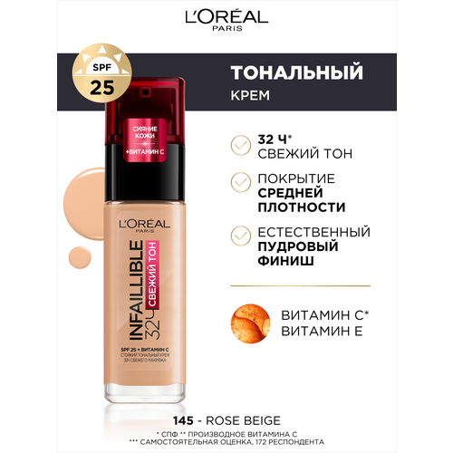 L'Oreal Paris, Стойкий тональный крем INFAILLIBLE СВЕЖИЙ ТОН с UV-защитой, оттенок 145, SPF 25, 30 мл