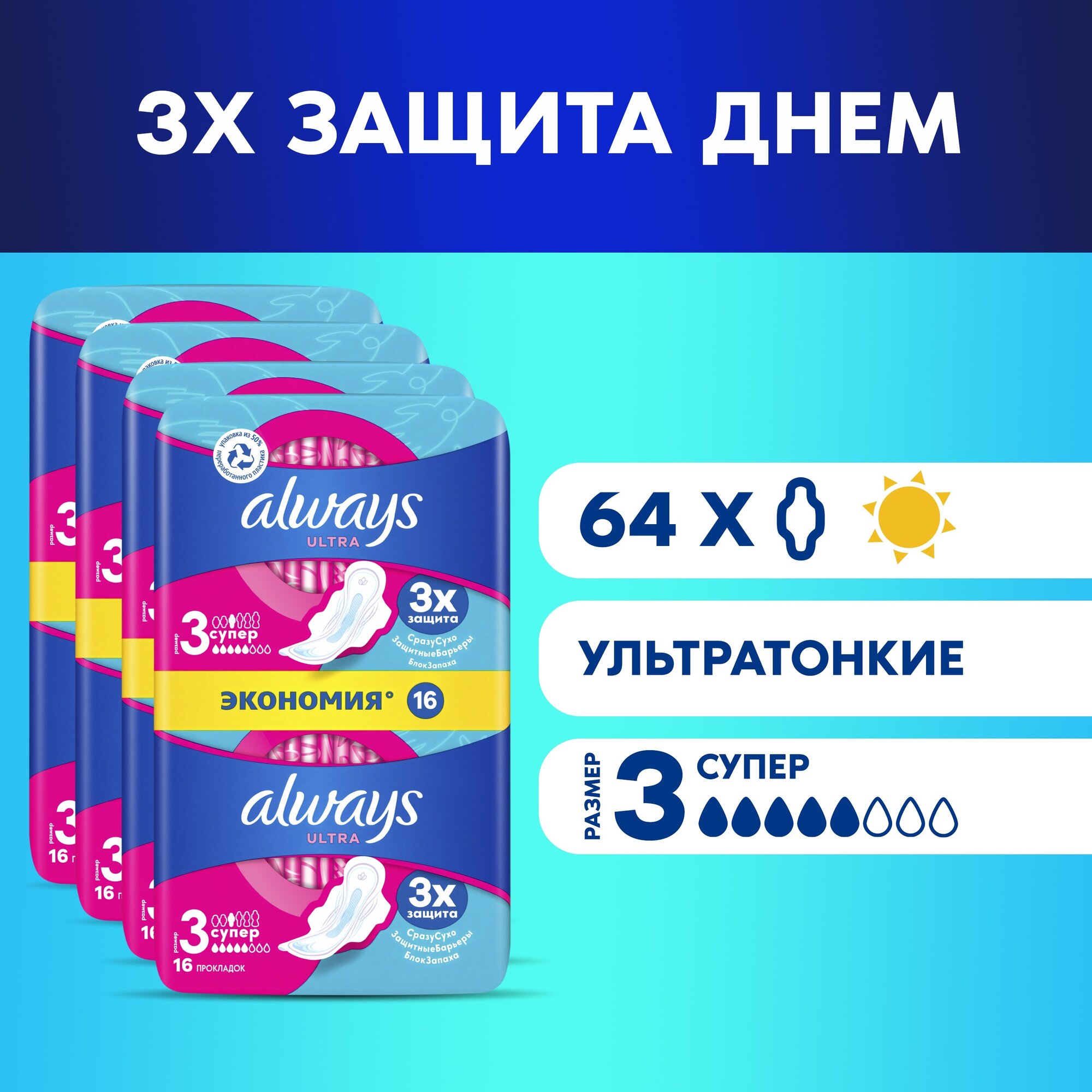 Гигиенические прокладки Always с крылышками Ultra Супер, размер 3, 64 шт (83746844)