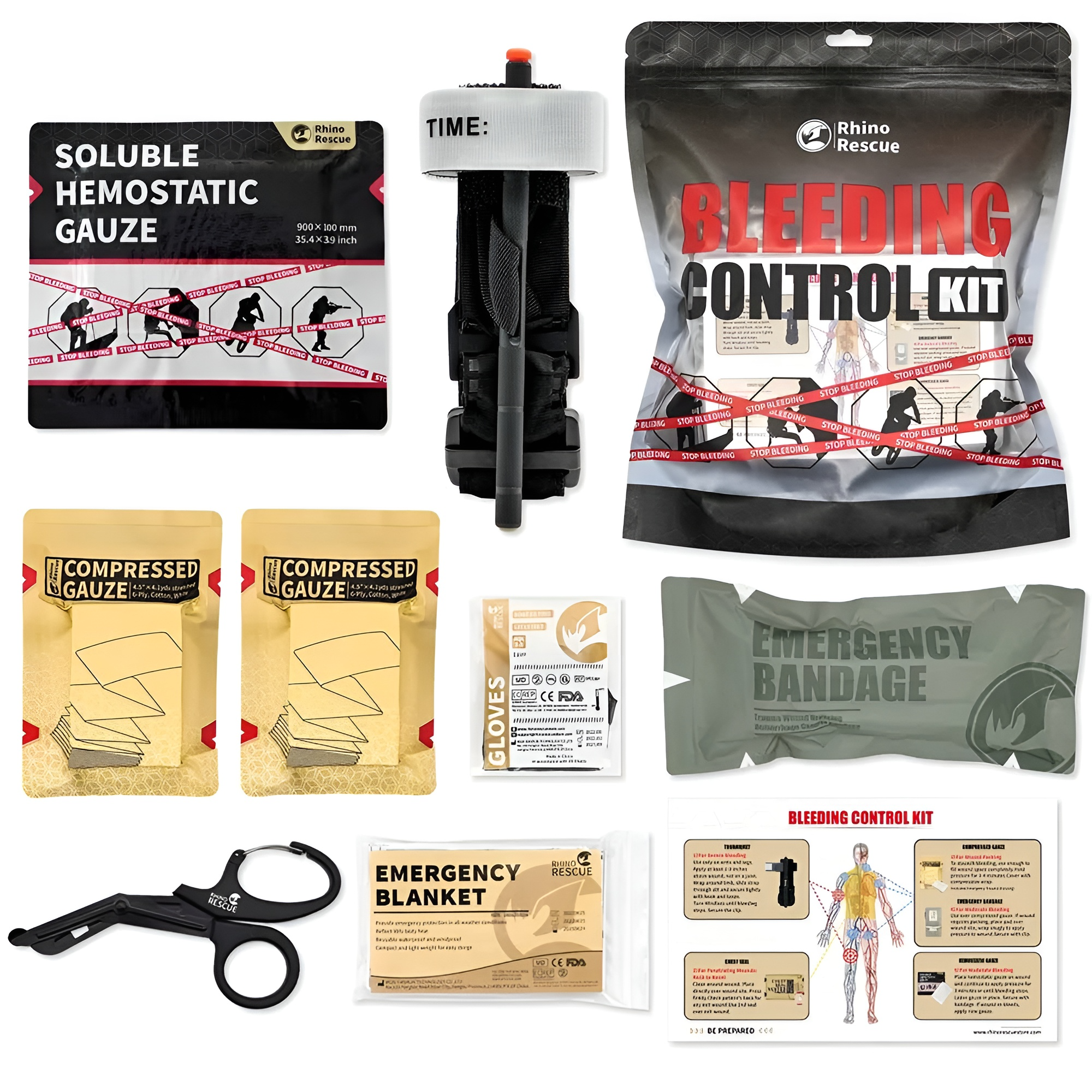 RHINO RESCUE Комплект для остановки кровотечений Bleeding Control Kit (CP0006) 9 вложений/первая медицинская помощь/полевая/военная/перевязка/бинт/жгут/набор