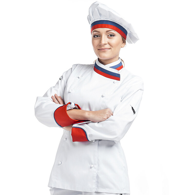 BG15 E-Chef Китель повара женский Триколор. Куртка поварская. Белый/Триколор. Рукав длинный. Колпак в комплекте! размер 42