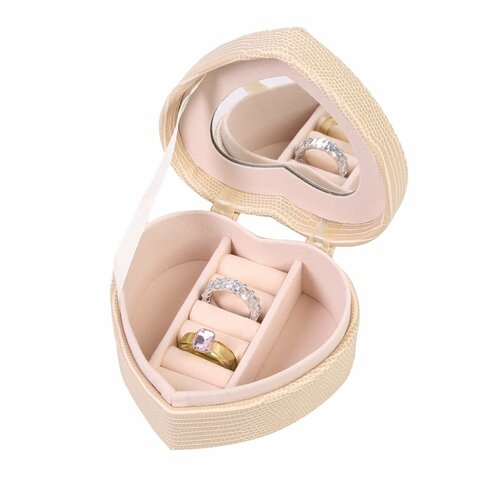 Шкатулка для украшений и часов маленькая в виде сердца с зеркалом бежевая