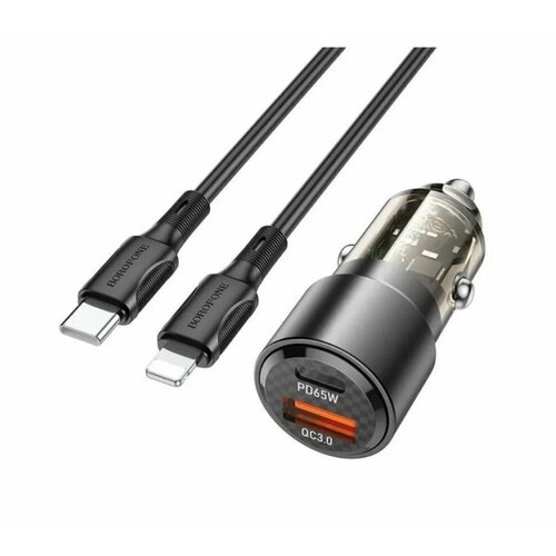 Автомобильное зарядное устройство USB QC3.0/Type-C PD 65W Черный (Кабель Type-C- Lighting в комплекте), черный зарядное устройство 65w с быстрой зарядкой 65 вт кабель type c 100w