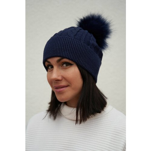 фото Шапка шапка женская azenti демисезонная, зимняя с помпоном, с отворотом, с люрексом цвет синий, размер 56-58, синий нет бренда