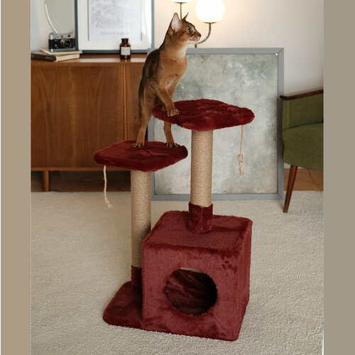 Когтеточка-комплекс с домиком 45х30х76 см, джут и мех, цвет красный