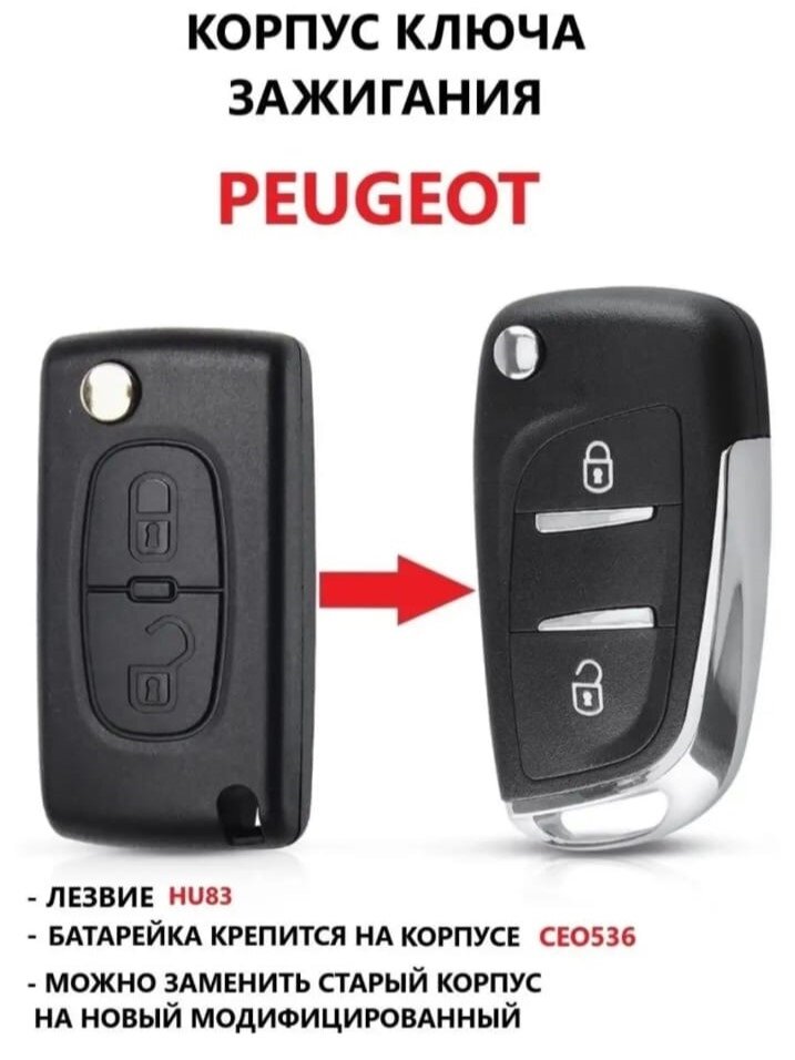 Корпус выкидного ключа зажигания для Пежо / Peugeot 207 307 407 408 308