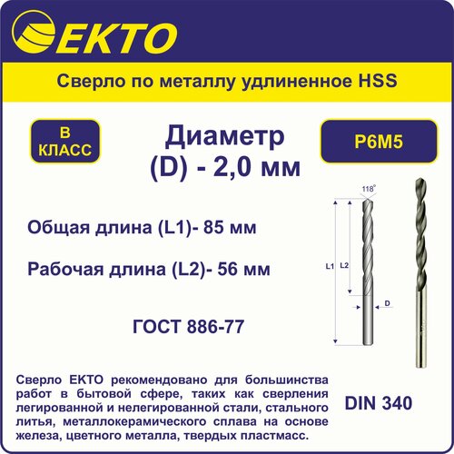 Сверло по металлу удлинённое HSS 2,0 мм цилиндрический хвостовик EKTO