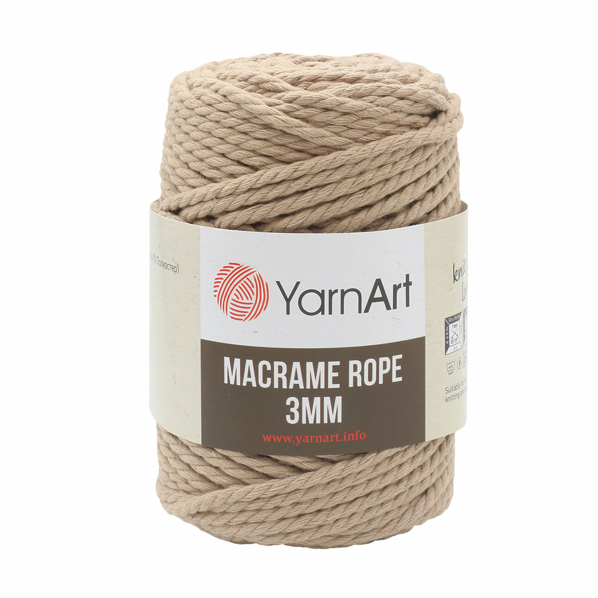 Пряжа для вязания YarnArt 'Macrame Rope 3мм' 250гр 63м (60% хлопок, 40% вискоза и полиэстер) (768 кофе с молоком), 4 мотка