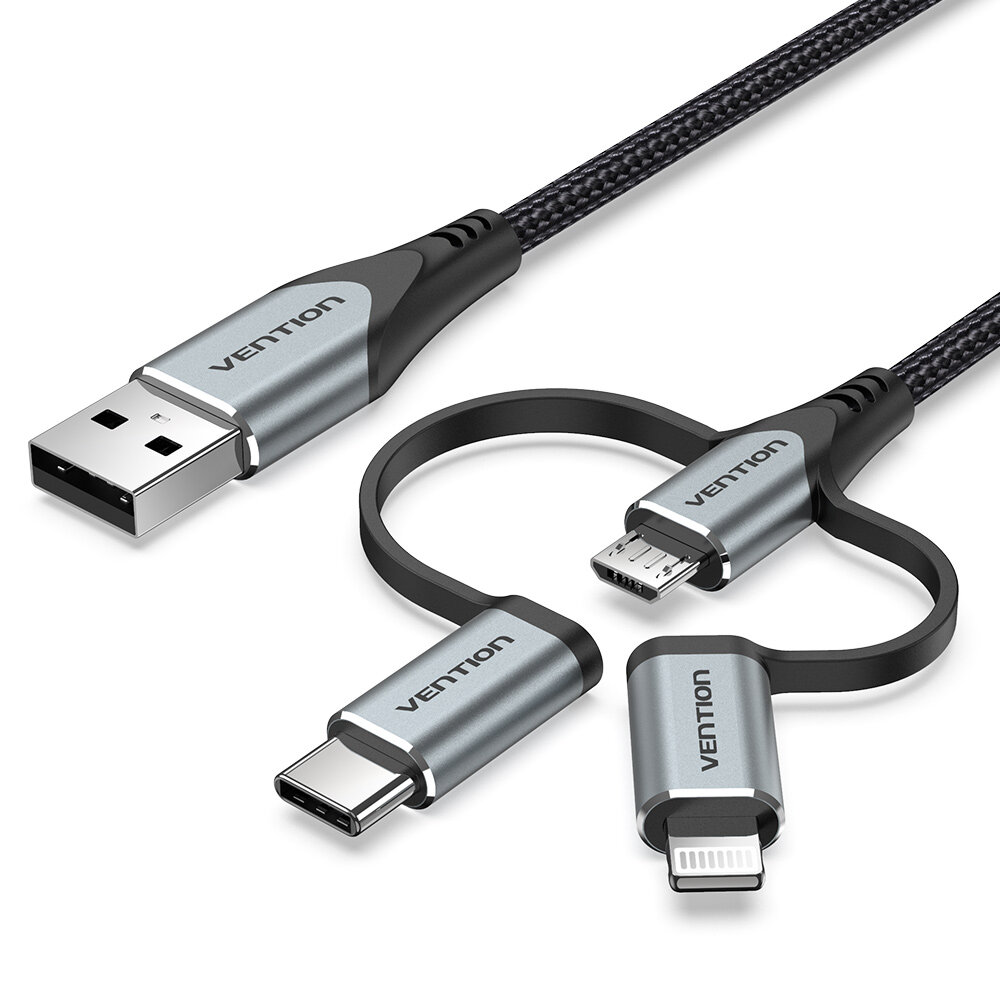 Кабель интерфейсный Vention 3 в 1 USB 2.0 AM/Micro-B, USB-C, Lightning M - 1м. черный - фото №1