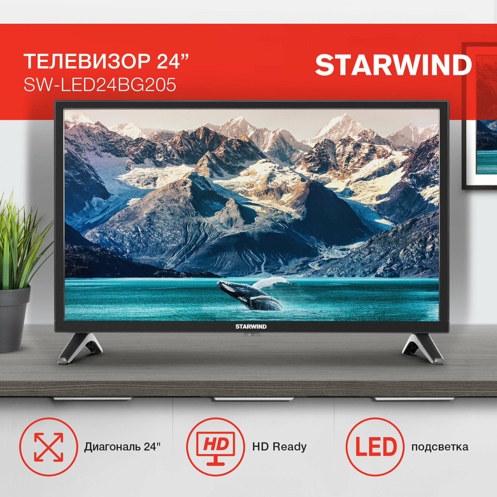 Телевизор Starwind SW-LED24BG205 черный, диагональ экрана 24" (61 см), разрешение HD, частота обновления 60Hz, цифровой тюнер DVB-T2, DVB-C, USB разъем
