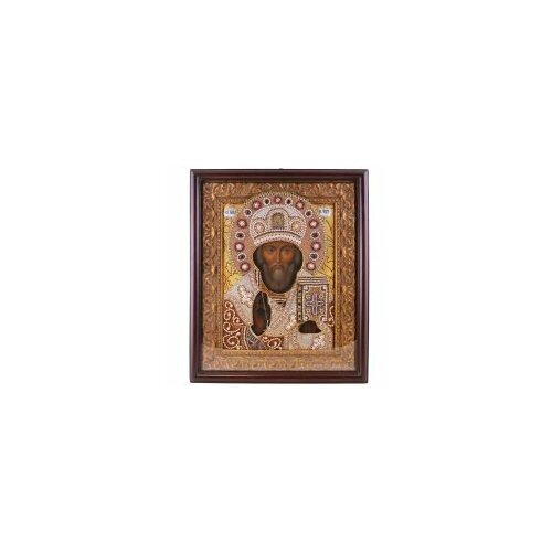 Икона Николай Чудотворец в киоте 33х39 вышитая риза, бисер, жемчуг #151257