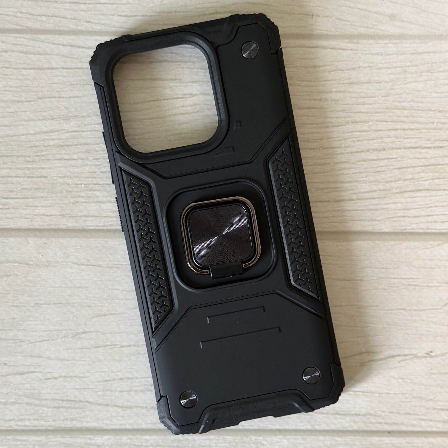 Противоударный чехол для Xiaomi Redmi 12C черный с пластиной для магнитного автодержателя и кольцом подставкой — фото 1