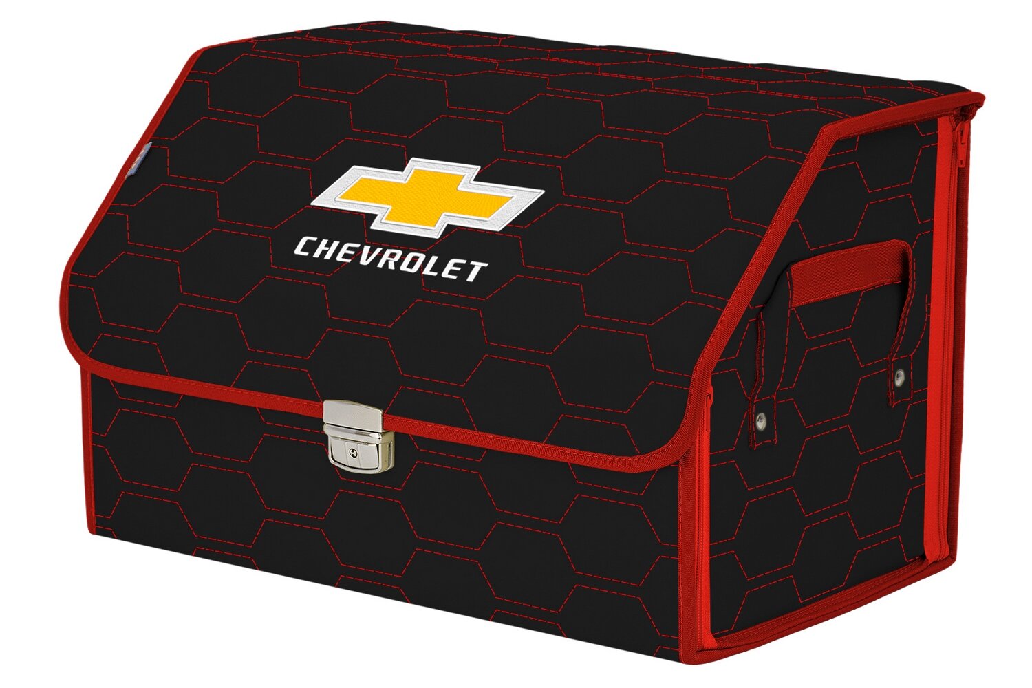 Органайзер-саквояж в багажник "Союз Премиум" (размер L). Цвет: черный с красной прострочкой Соты и вышивкой Chevrolet (Шевроле).