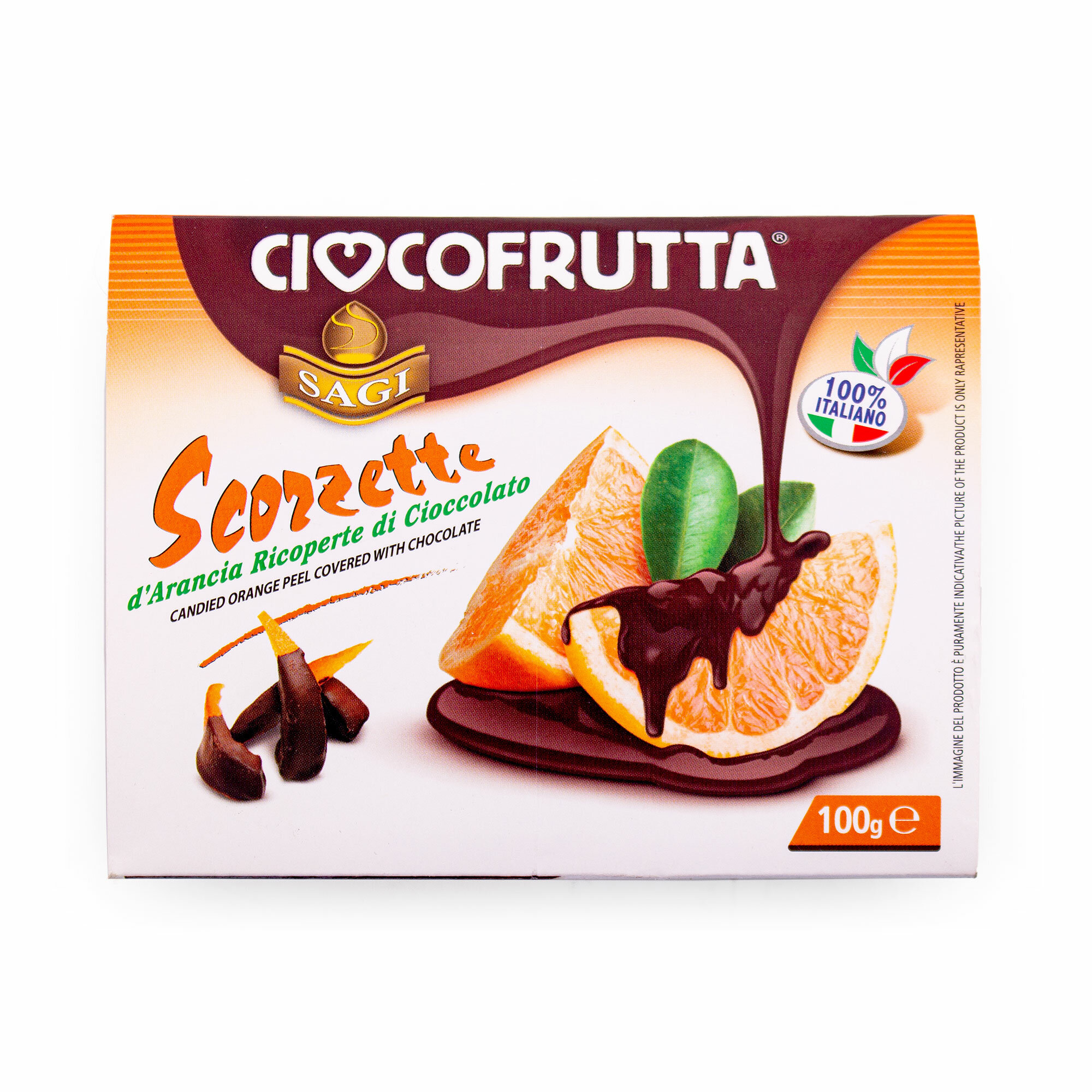 Апельсиновые цукаты засахаренные в темном шоколаде (30%), CIOCCOFRUTTA, 0,100 кг (пласт/ван)
